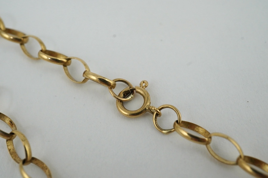 Two modern 9ct gold chains, longest 73cm and a modern 9ct gold bracelet, 25.9 grams. Condition - fair